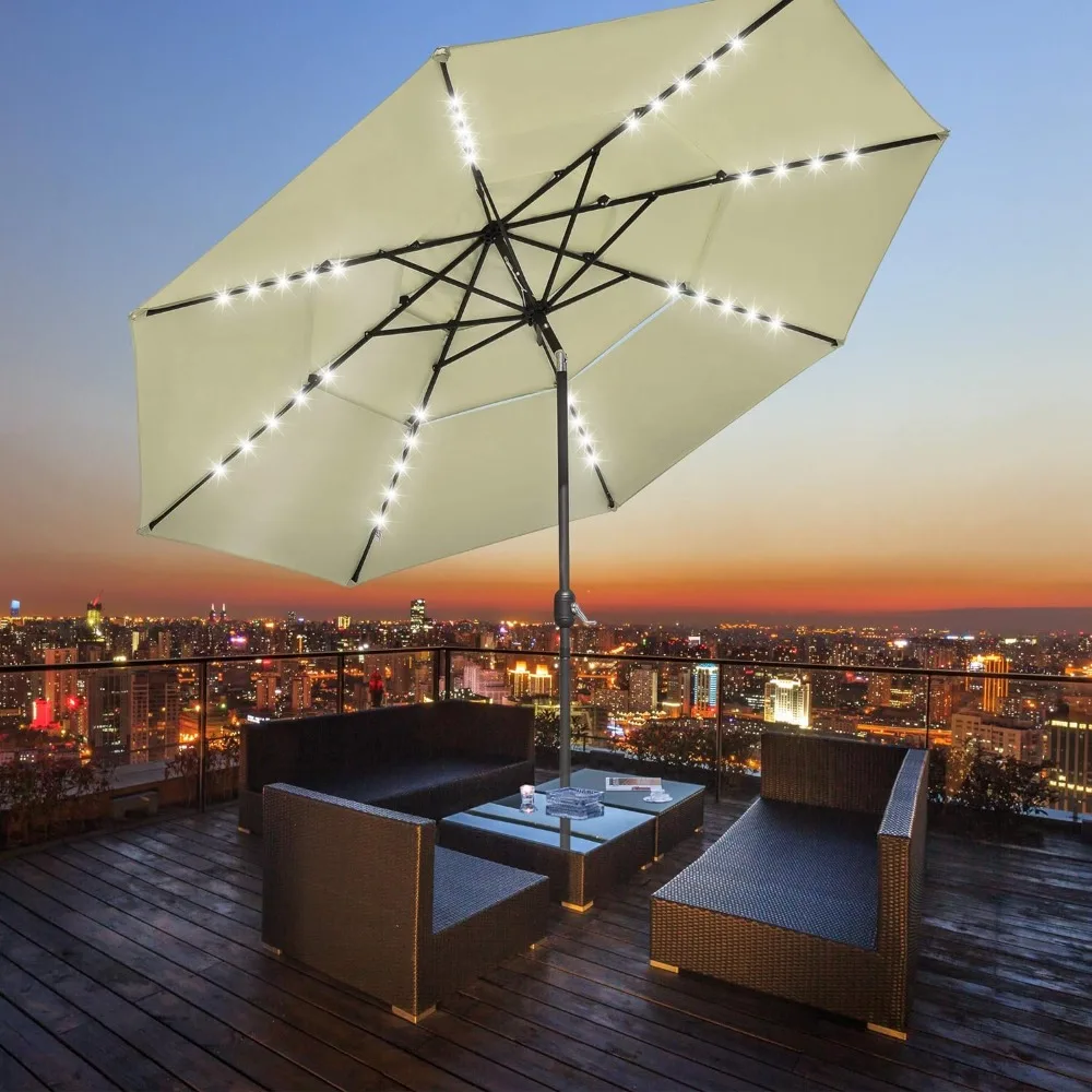 

Зонт для внутреннего дворика 11 футов, 3 уровня, питание от солнечной батареи, с кнопкой наклона кривошипа, функция защиты UV70 +, устойчивость к выцветанию, открытый зонт