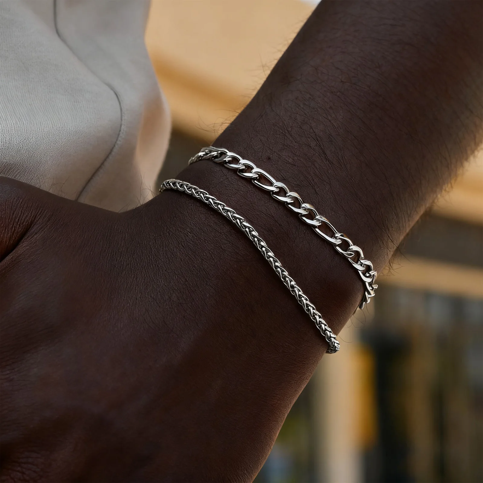 

2pcs Stainless Steel Bracelet for Men,Silver Color Wheat Chain Figaro Chain Link Bracelets,Hip Hop Trend Jewelry Gift