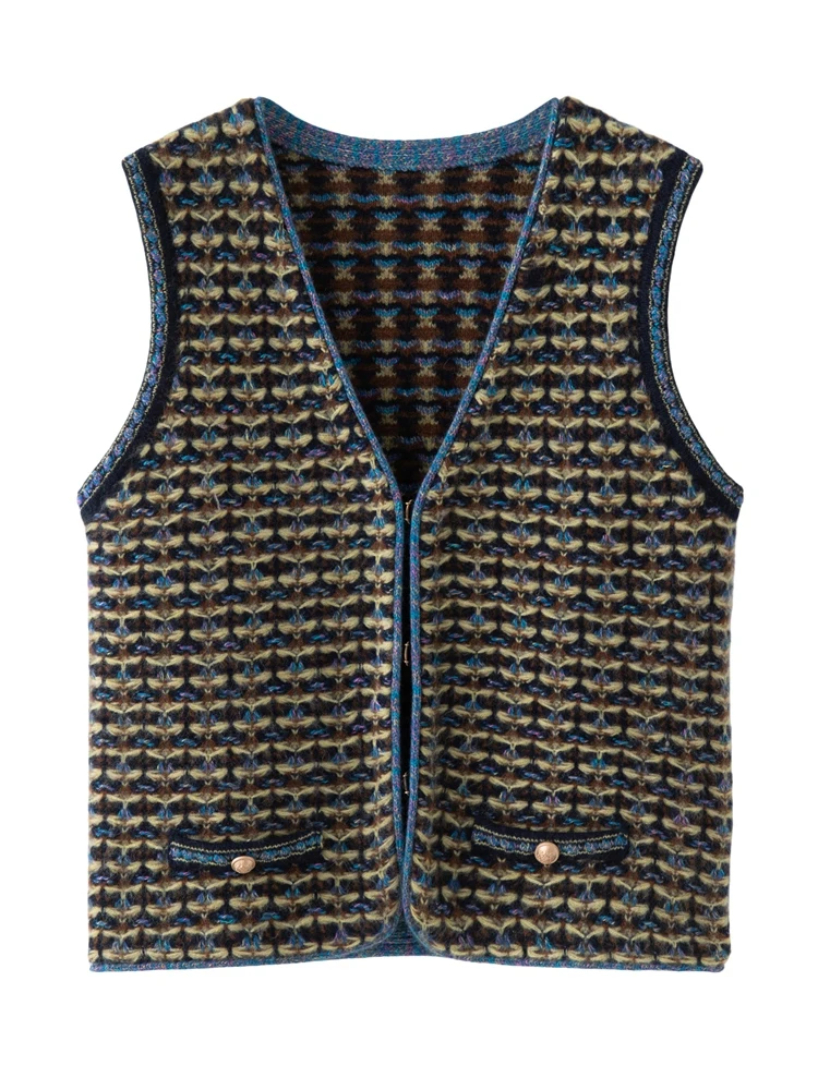 

100% кашемировый свитер, жилет, женский цветной кардиган без рукавов с v-образным вырезом, ретро-стиль, осенне-зимняя одежда, вязаный жилет с обеих сторон