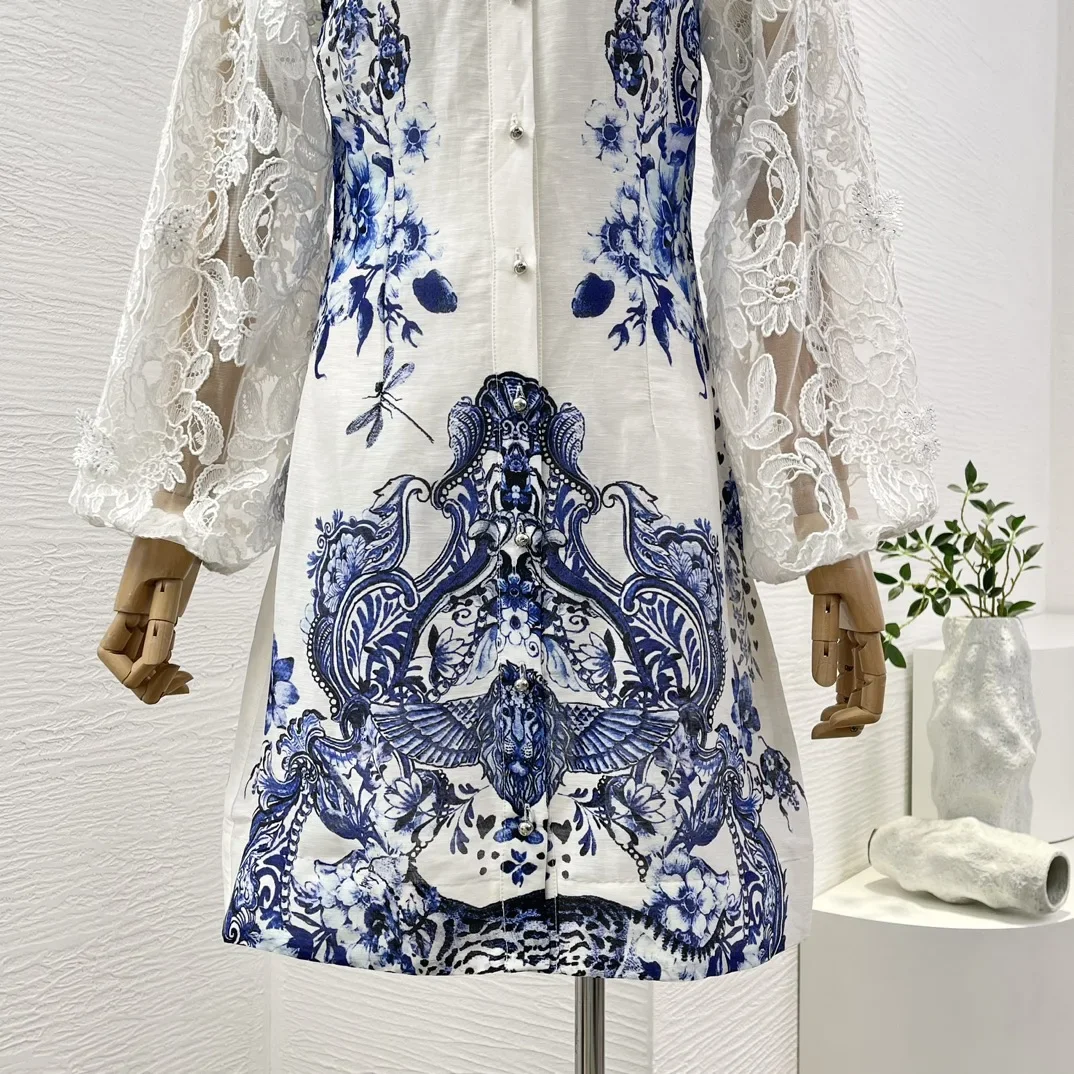 Mini vestido feminino com estampa floral branco e azul manga comprida, bordado em renda, fecho dos botões frontais, alta qualidade, recém-chegados, 2024