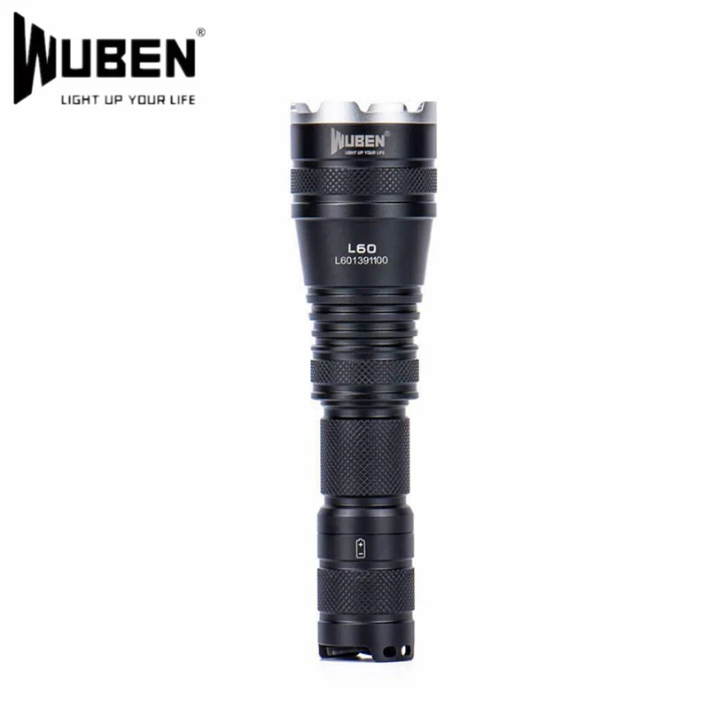 Wuben L60 Micro USB Charging Zoomable Tactical Search Spotlight Flashlight 1200lm 18650 LED Camping Floodlight with Strike Bezel