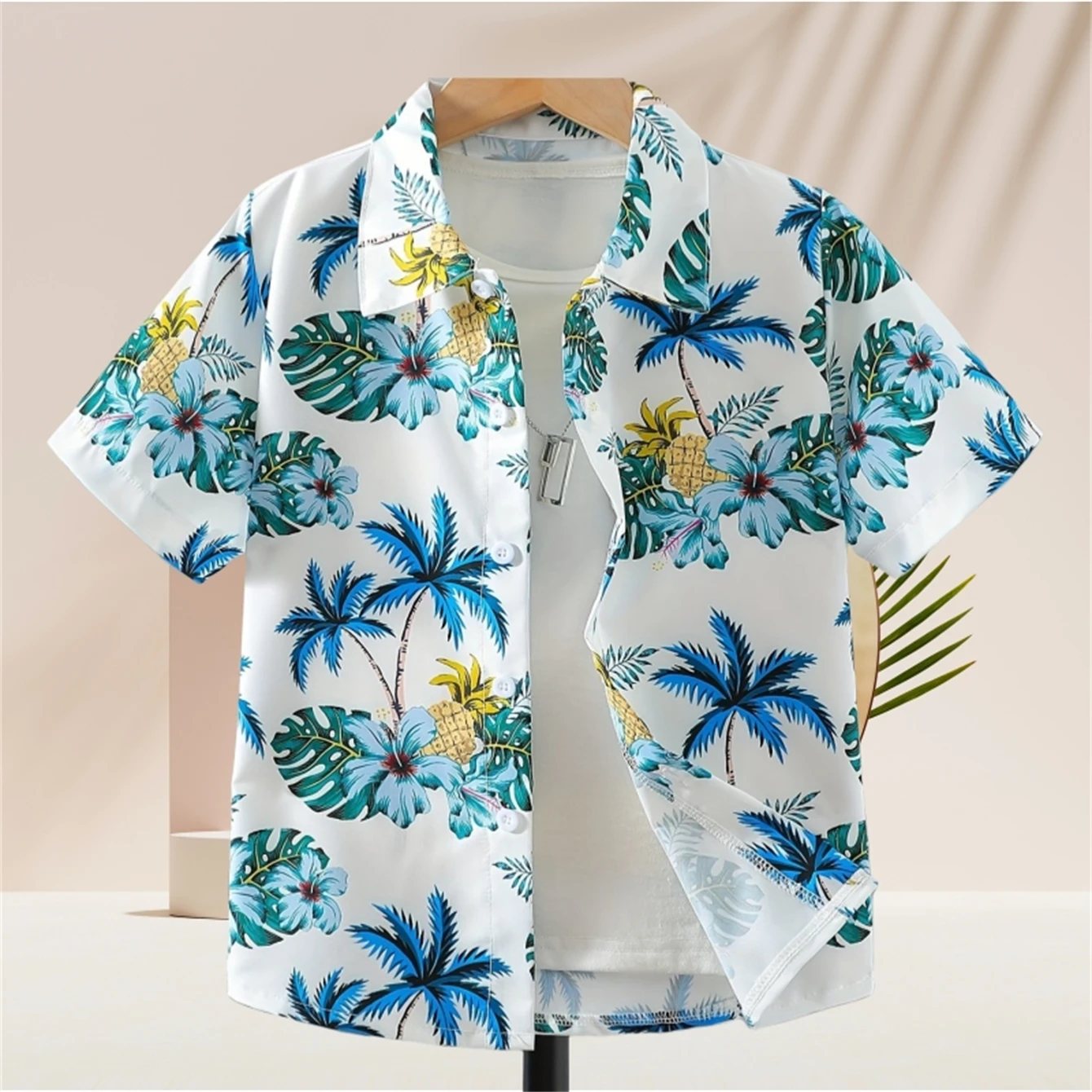 2024 Shirt Boy Beach Tropical Leaves and Coconut Tree Print Shirt Top Boys Creative Short Sleeve Shirt Lapel Tops Boys Clothes