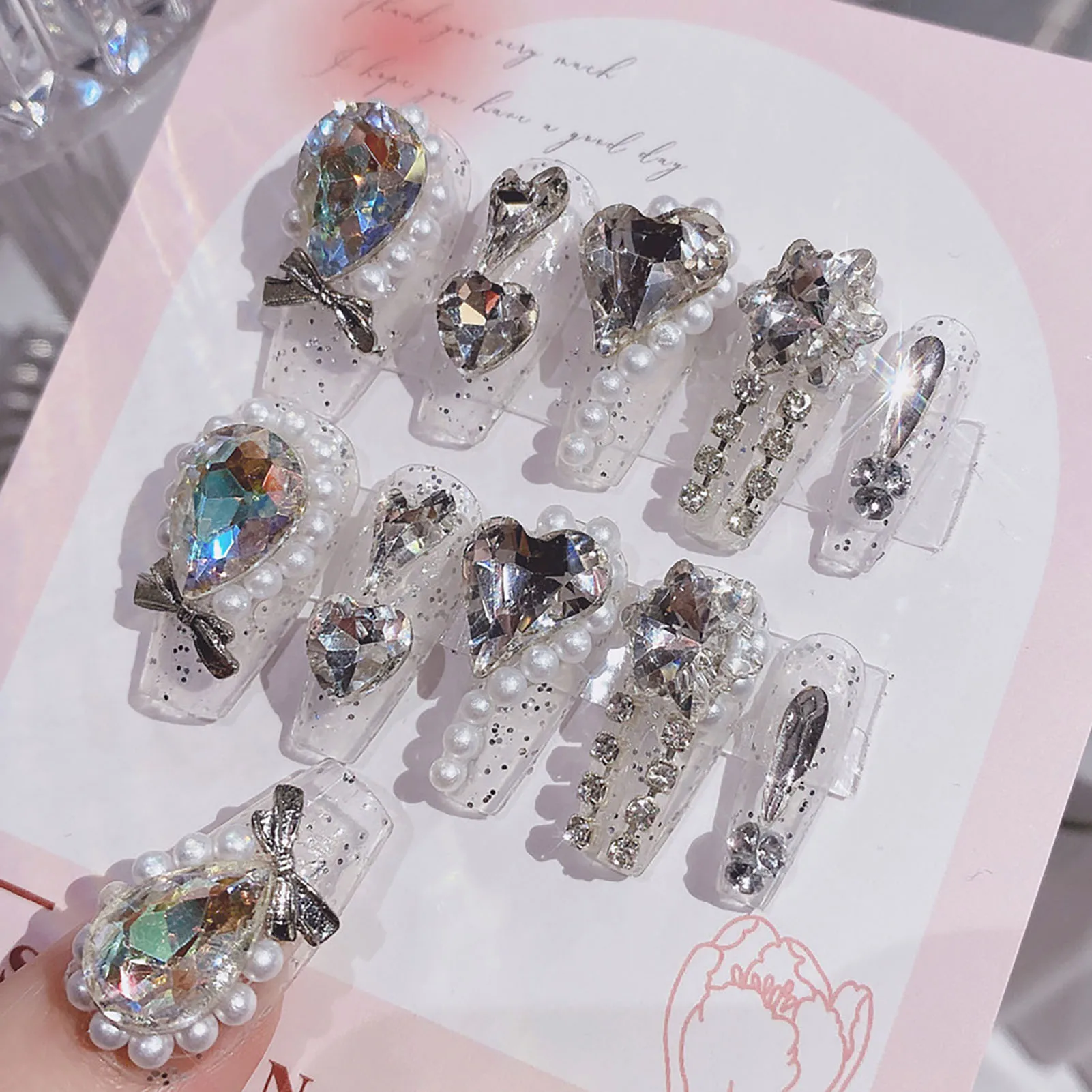 Pearl Rhinestone Decor Clear Long False Nails Long Lasting Safe Material Waterproof False Nails for Hot Girl Dress Matching