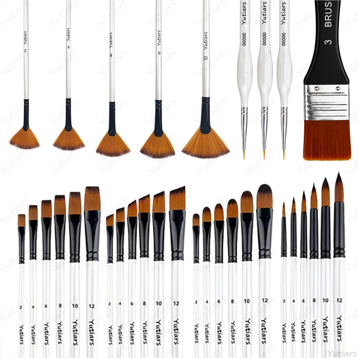 33Pcs Artist Paint Brush Set Flat Round Fan Detail Liner Mixed Brushes for Watercolor Acrylic Gouache Oil Painting Art Supplies