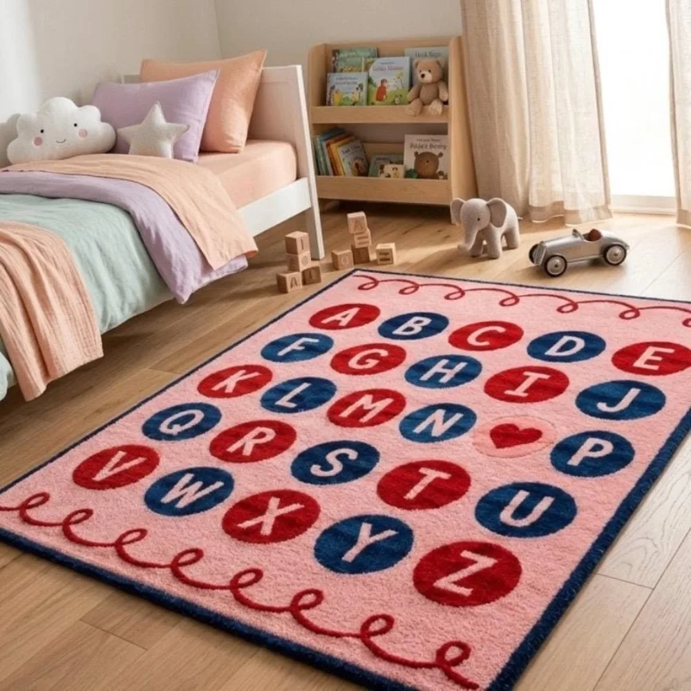 Living Room Mat 1-7 Numbered Colored Circles Printed Large Rectangular Carpet Scattered ABC Alphabet for Apartment Playroom