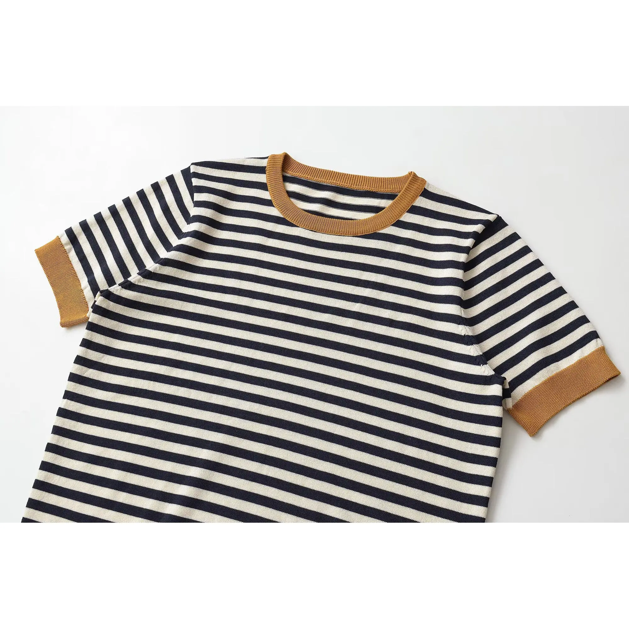 KASLEAD New Women's Fashion Short Sleeve round Neck Striped Casual Knitted Top Polyester Fiber Summer Season Overhead Wear