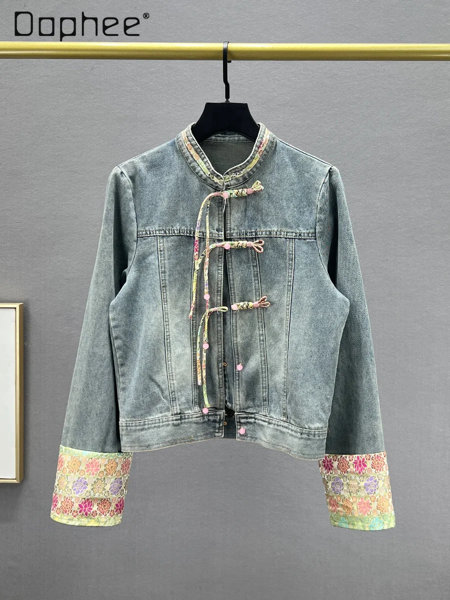 

New Chinese Style Buckle Denim Coat for Women 2024 Spring New Fashion Loose Slim-Fitting Long Sleeve Short Jean Jackets Female