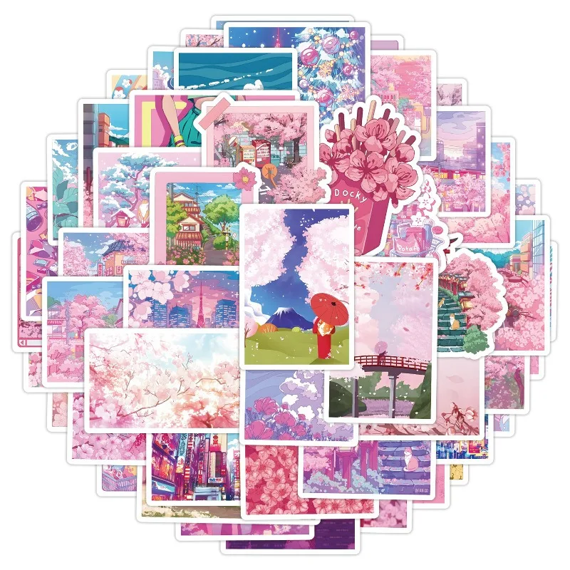 50pcs Cute Fresh Pink Sakura Series Graffiti Stickers Suitable for Helmet Desktop Wall Decoration DIY Sticker Pack Wholesale