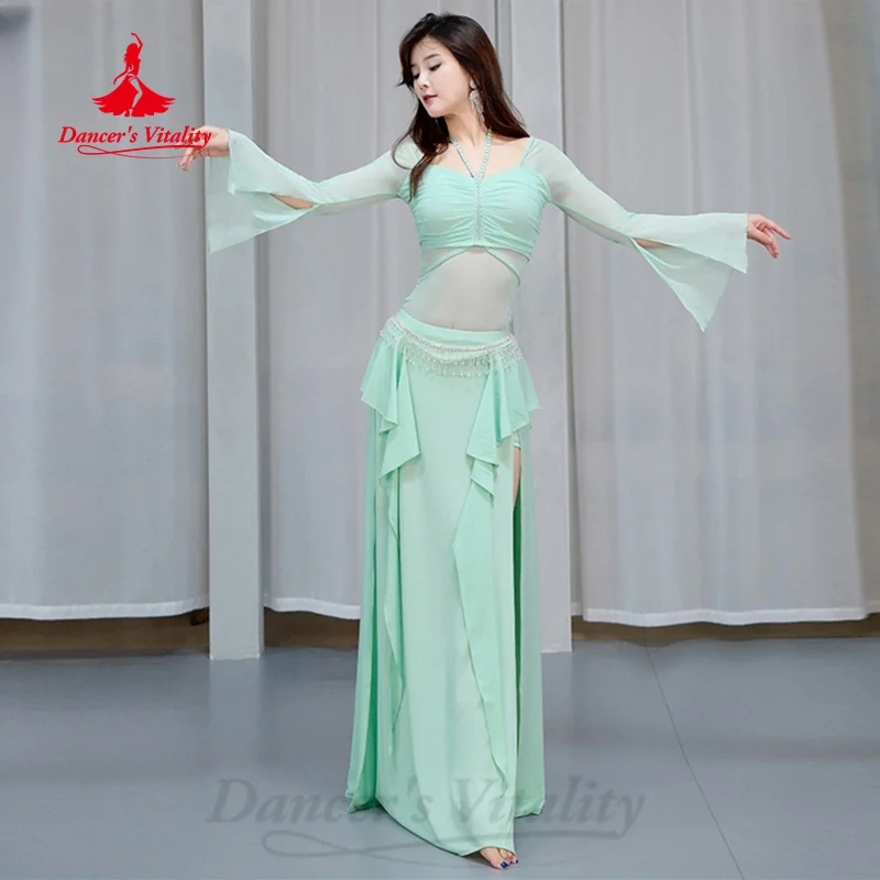 New Belly Dance Suit AB Stones Long Sleeve Top+Sexy Long Skirt 2pcs Adult Female Belly Dancing Professional Practice Clothes