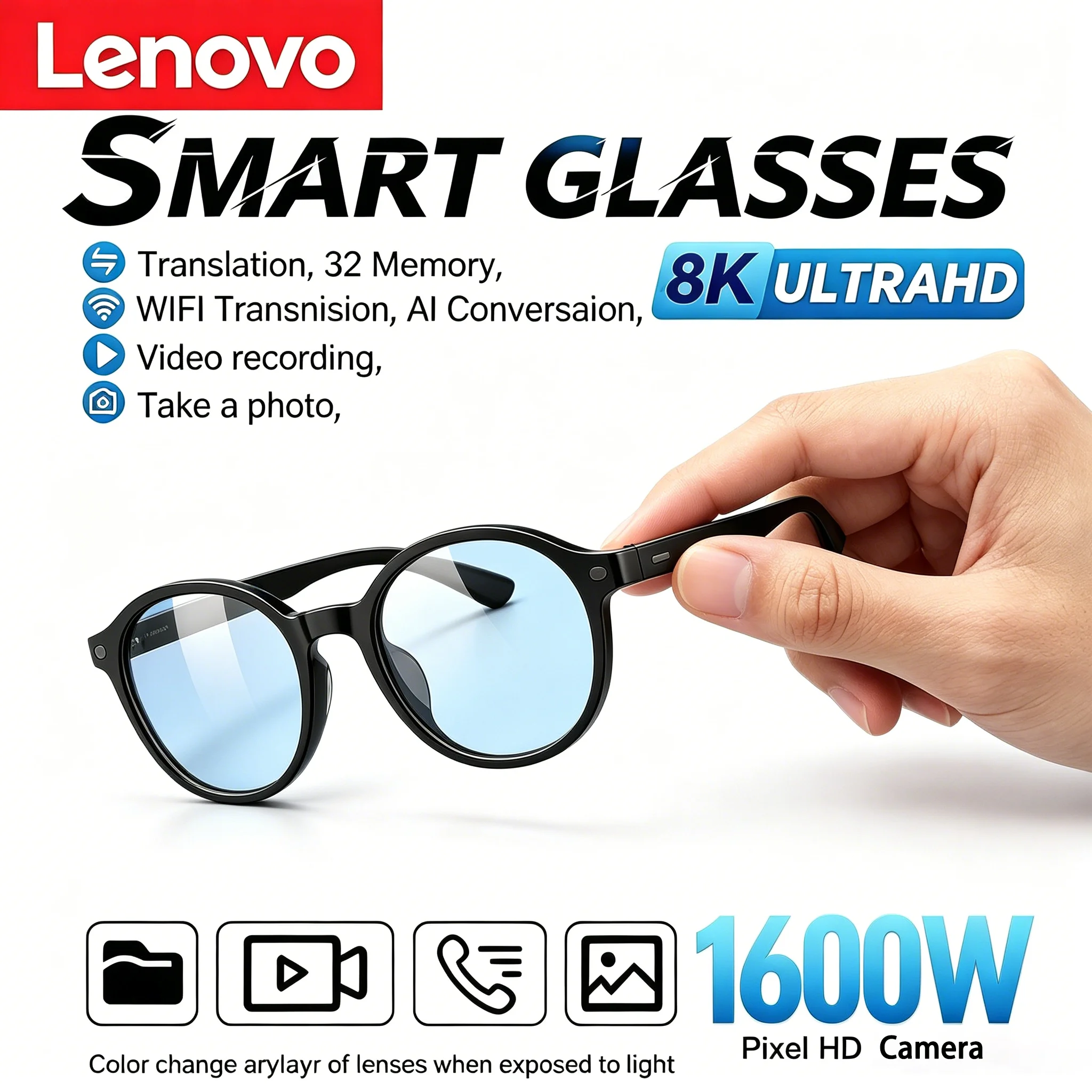 

Lenovo New 2026 8K AI Translation AI Smart Glasses Anti Blue Light Sunglasses Bluetooth Calling Music Player Camera Control
