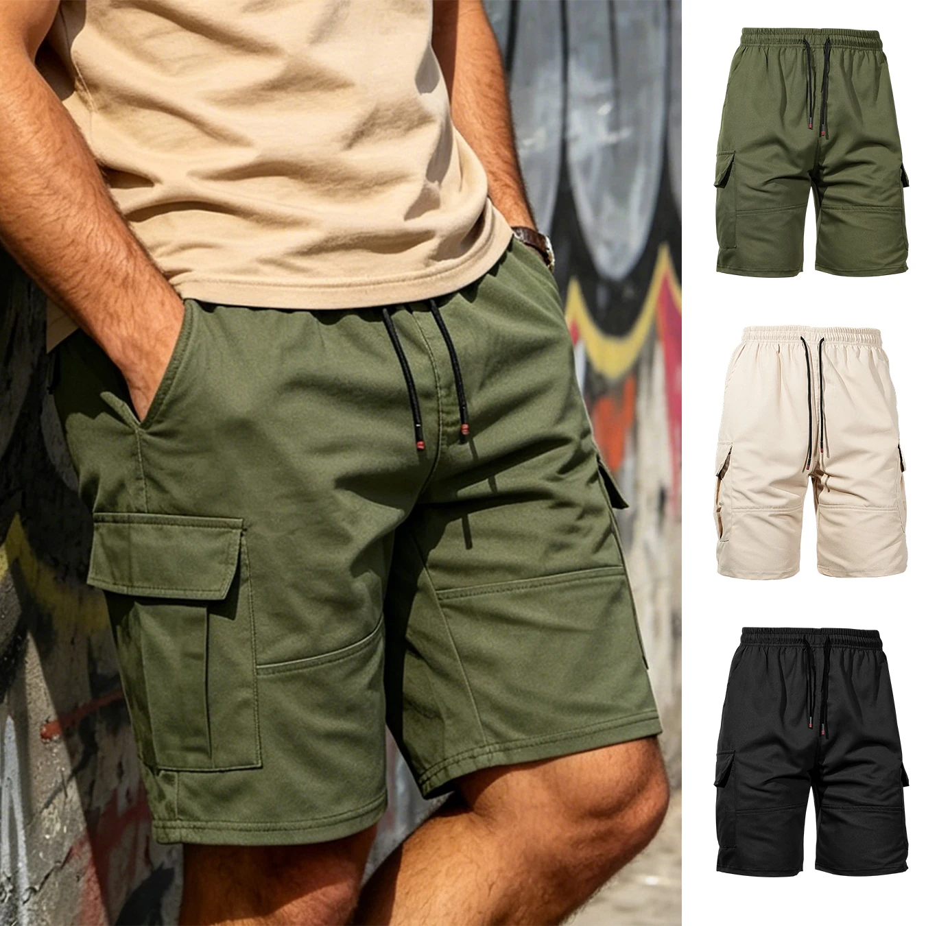 Men's Multi Pockets Cargo Shorts Elastic Drawstring Waist Knee Length Casual Workwear Outdoor Bermuda Shorts