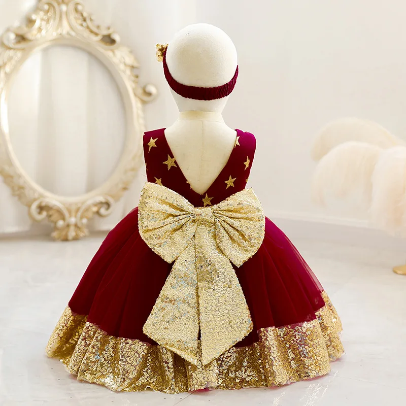 Golden Sequines Infant Dress Gown Star Prints Super Bow Princess Dresses For Girls Newborn Babies Clothes 0 to 12 Months 3 4 5Y