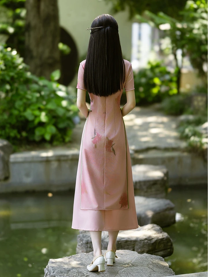 Retro Chinese Style women's Cheongsam Dress Improved Aodai Elegant Long  Sleeve Pink Aodai Dress Short Sleeve Vietnam Ao Dai - AliExpress 200000532