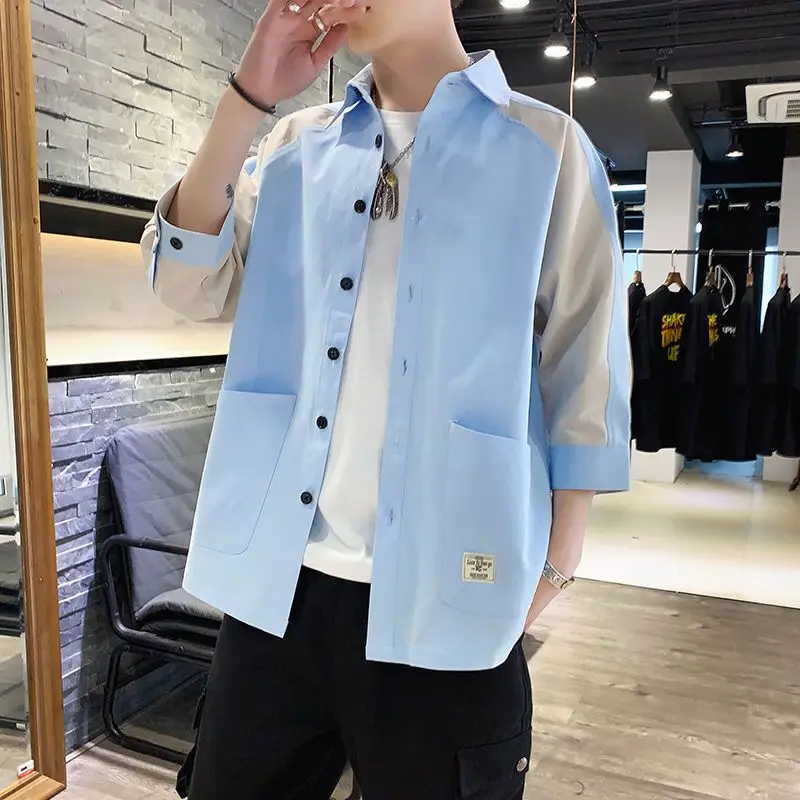 

Elegant Fashion Harajuku Slim Fit Ropa Hombre Loose Casual All Match Outerwear Thin Style Button Three Quarter Sleeve Blusa