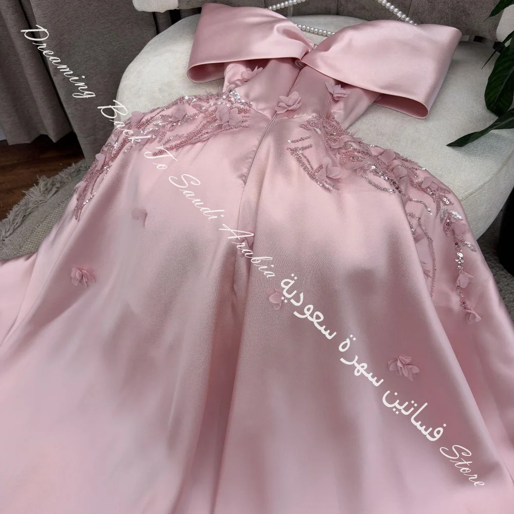 Customized Pink Satin Appliques Lace Beading Sequined Evening Dress A-Line Off the Shoulder with Sleeveless Homecomin