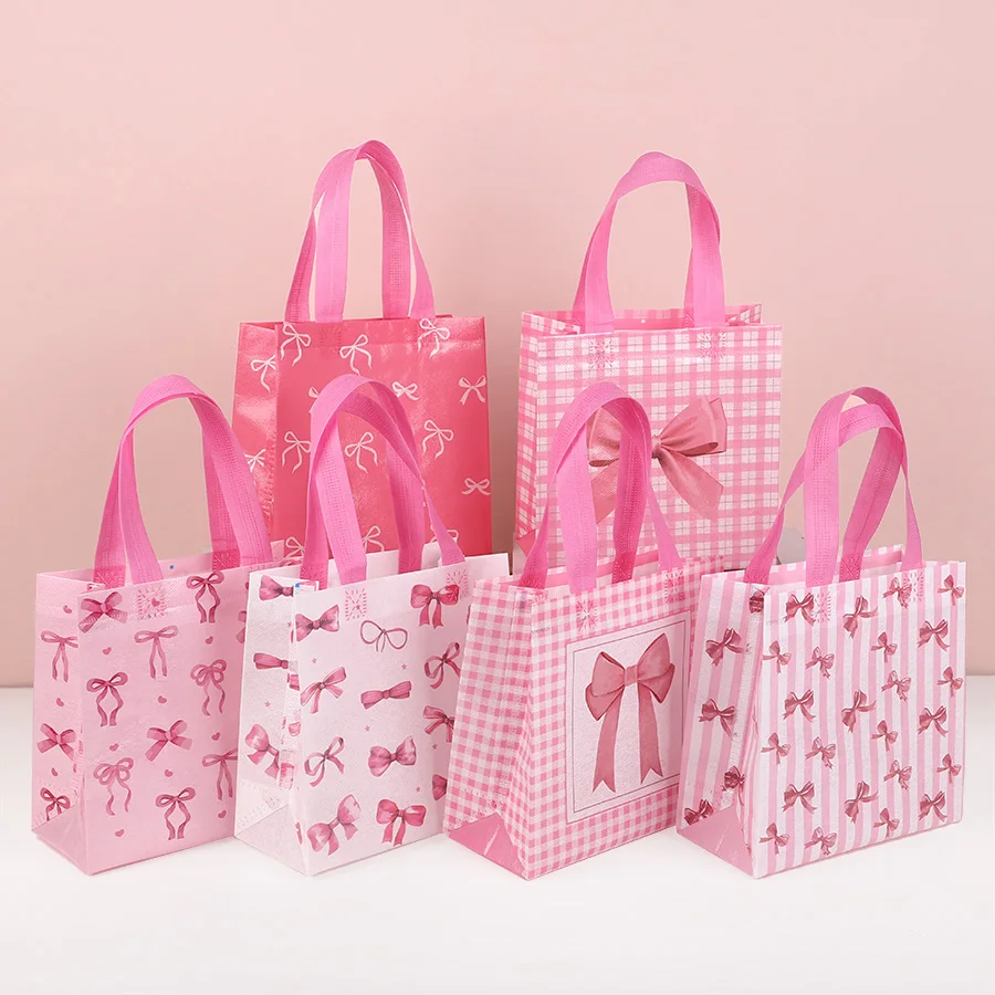 

12Pcs Sweet Pink Bow Gift Packing Bag Non-Woven Shopping Tote Bag for Girl Birthday Baby Shower Party Decoration Wedding Favors