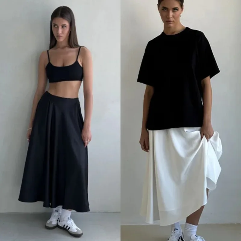 

Elegant High-Waist Satin Sateen Long Midi Skirt New Versatile Solid Color Flared Skirt High Street Women's Acetate Midi Skirt