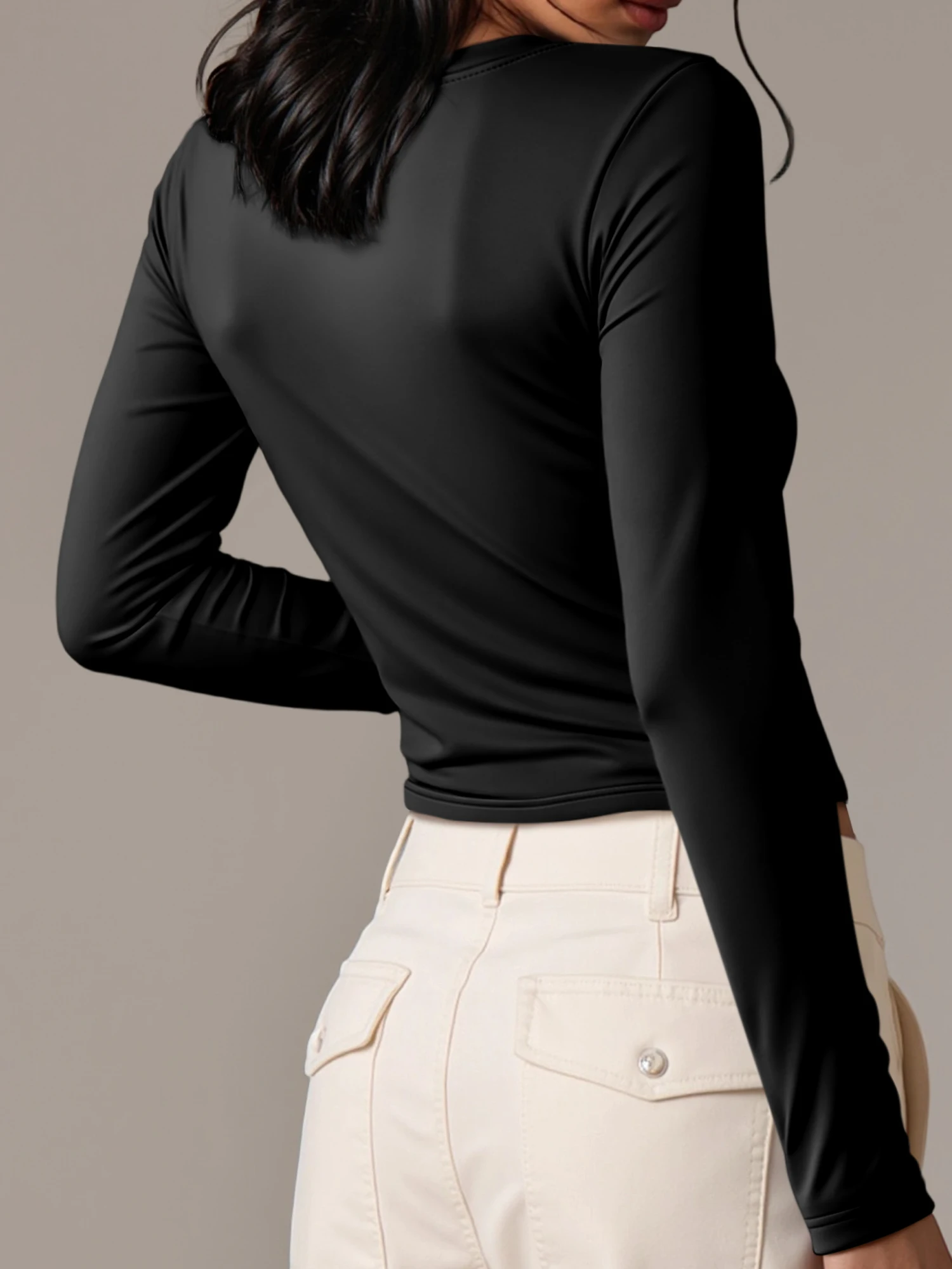 All-Match Slim Inner Wear Blouse, Short Long Sleeve Crew Neck Shirt for Cool Weather Outfits view 2