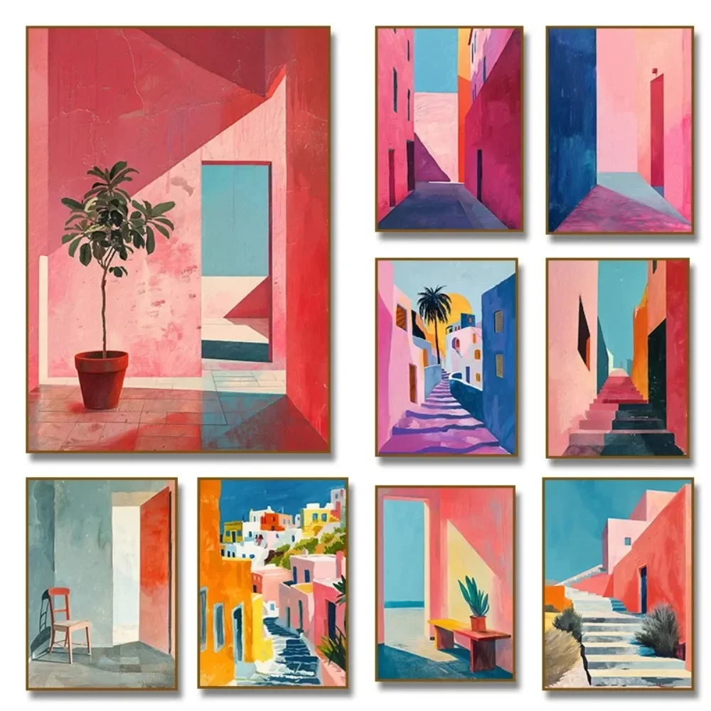 1pc frameless Canvas Painting Frameless Pink Abstract Contemporary Greek Architecture Canvas Painting Mid-century Poster Printin
