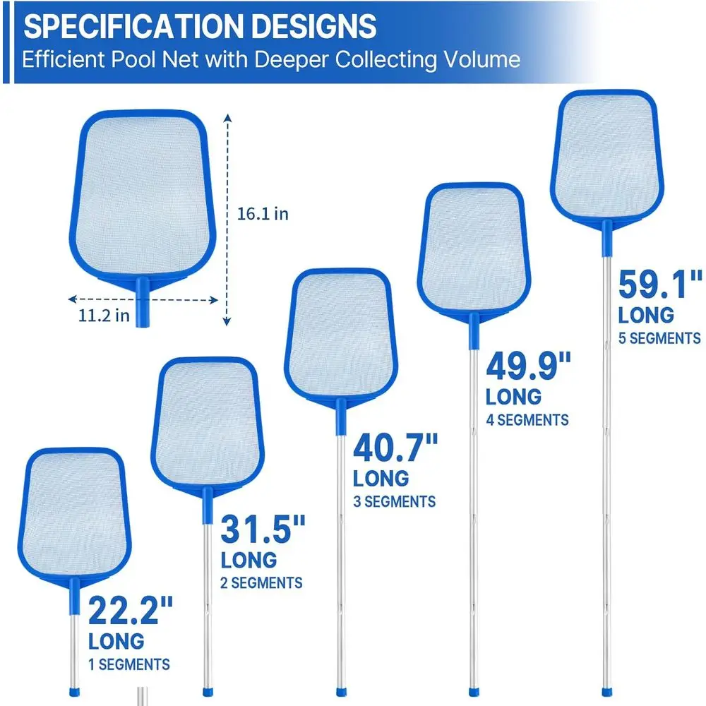 Adjustable 5-Section Pool Skimmer Net, 22.2-59.1, Fine Mesh, Leaf and Debris Collector