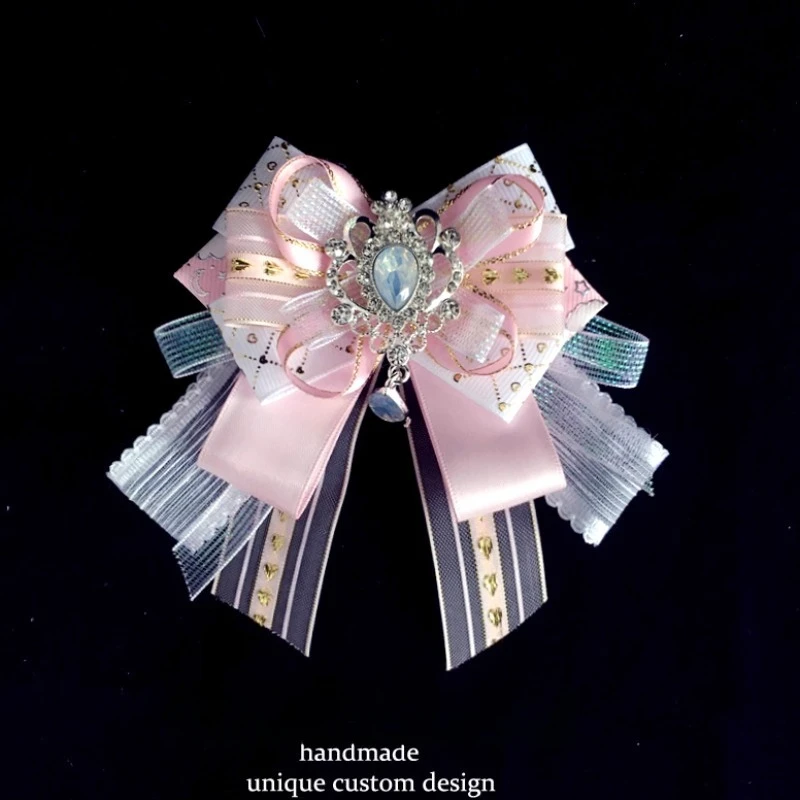 

Pure Handmade Lolita Bow Cosplay Bowtie Anime Concert Support Stick Bows Accessory Shirt Collar Flowers Luxury Rhinestone Brooch