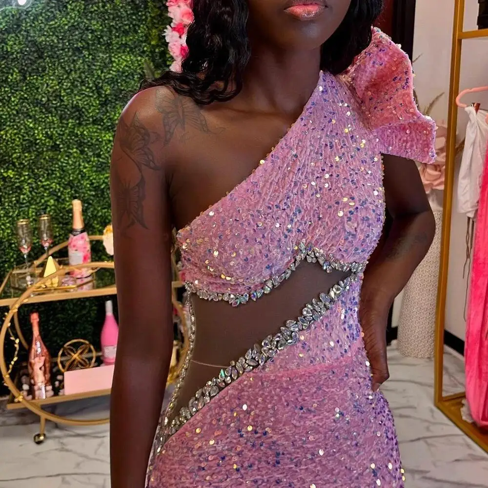 African Pink Sequin Mermaid Evening Dresses Long Crystal See Through Waist One Shoulder Black Girl Formal Party Night Prom Dress