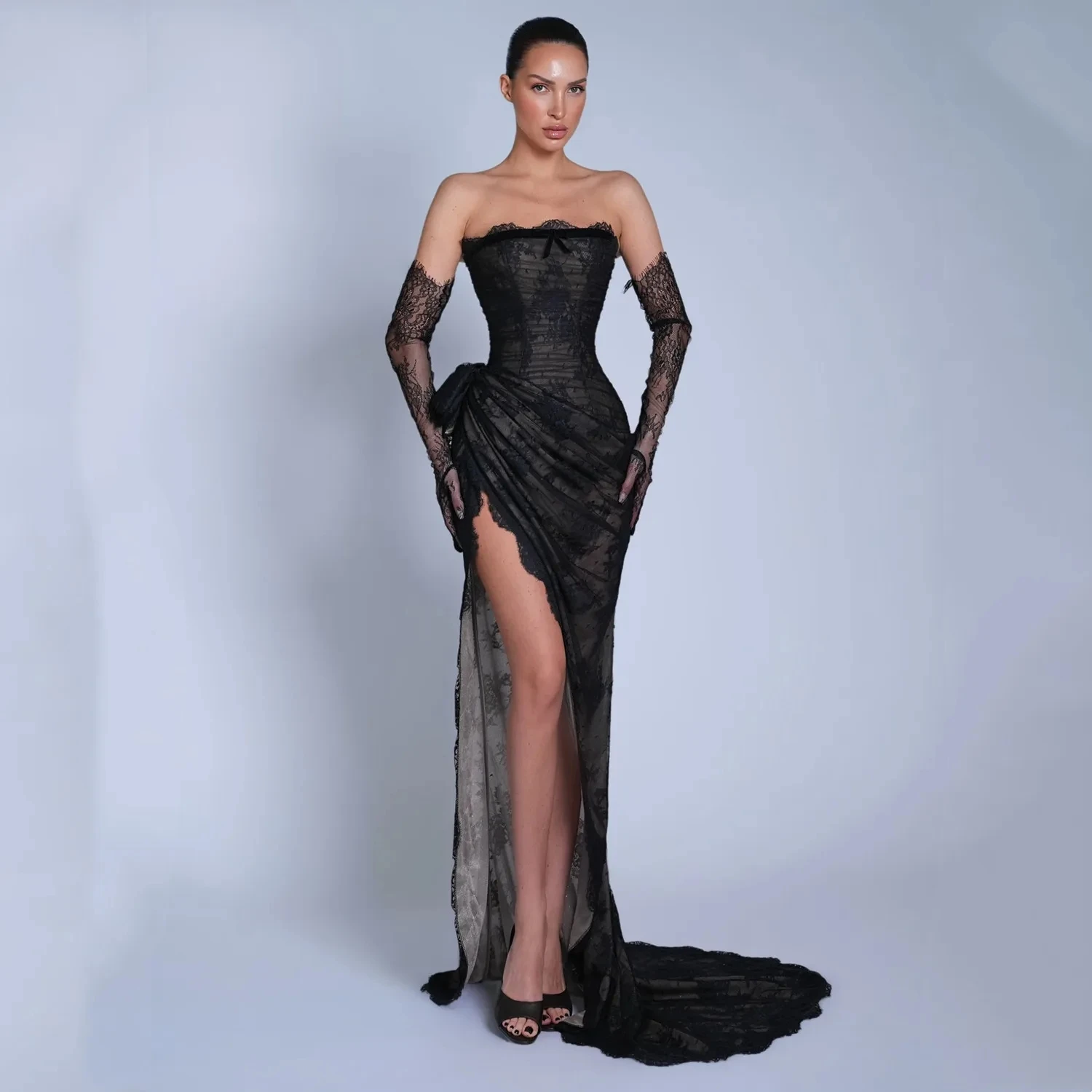 

Black Slit Lace Party Long Bespoke Occasion Gown Evening Dresses Pastrol Unisex Jersey Retro Dubai Saudi Arabic Prom Customized