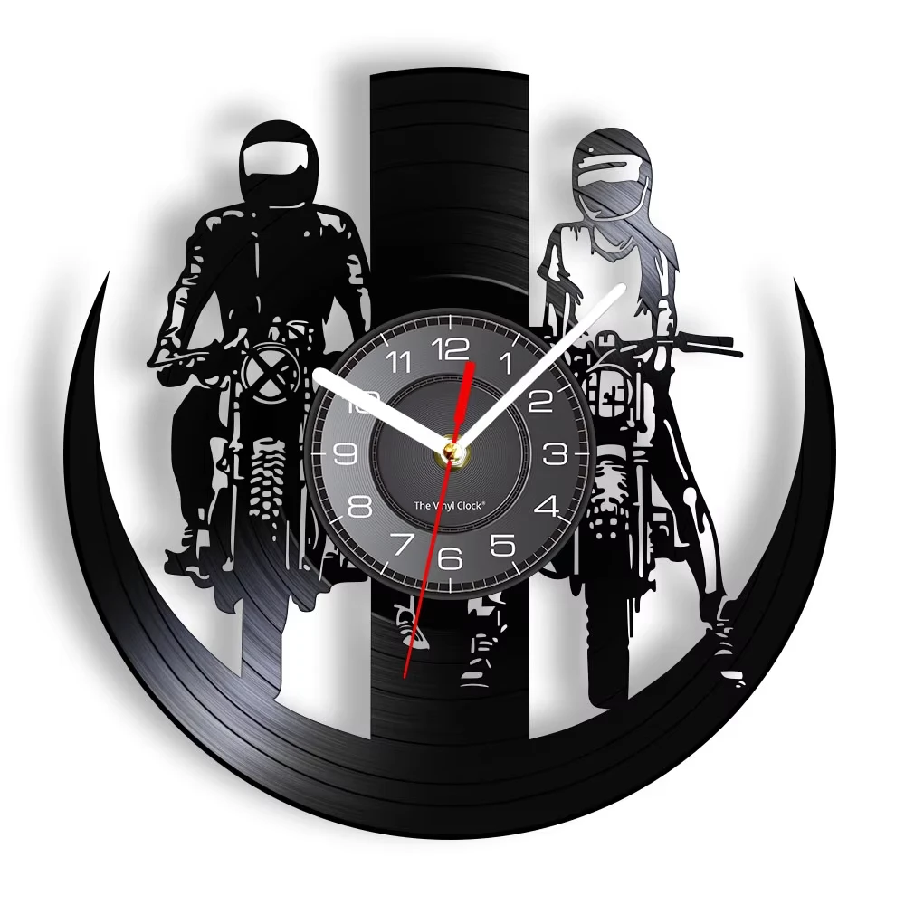 Dual Biker Motorcycle Vinyl Record Wall Clock - Silent Motorbike Wall Watch, Couple Rider Decor for Garage & Man Cave