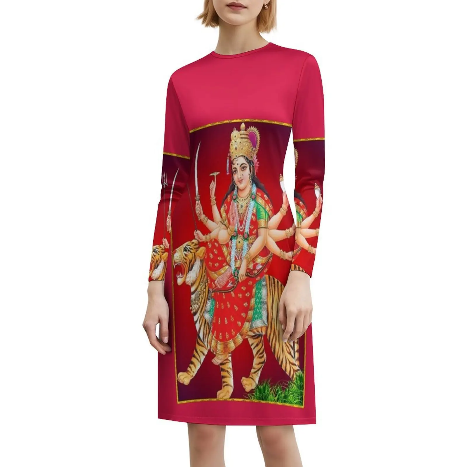 فستان Amba Ambe Jai Mata Di Goddess Devi maa Ambe Ma بوهيمي بدون أكمام للنساء مطبوع فساتين حفلات الشاطئ Amba Ambe Jai Mata