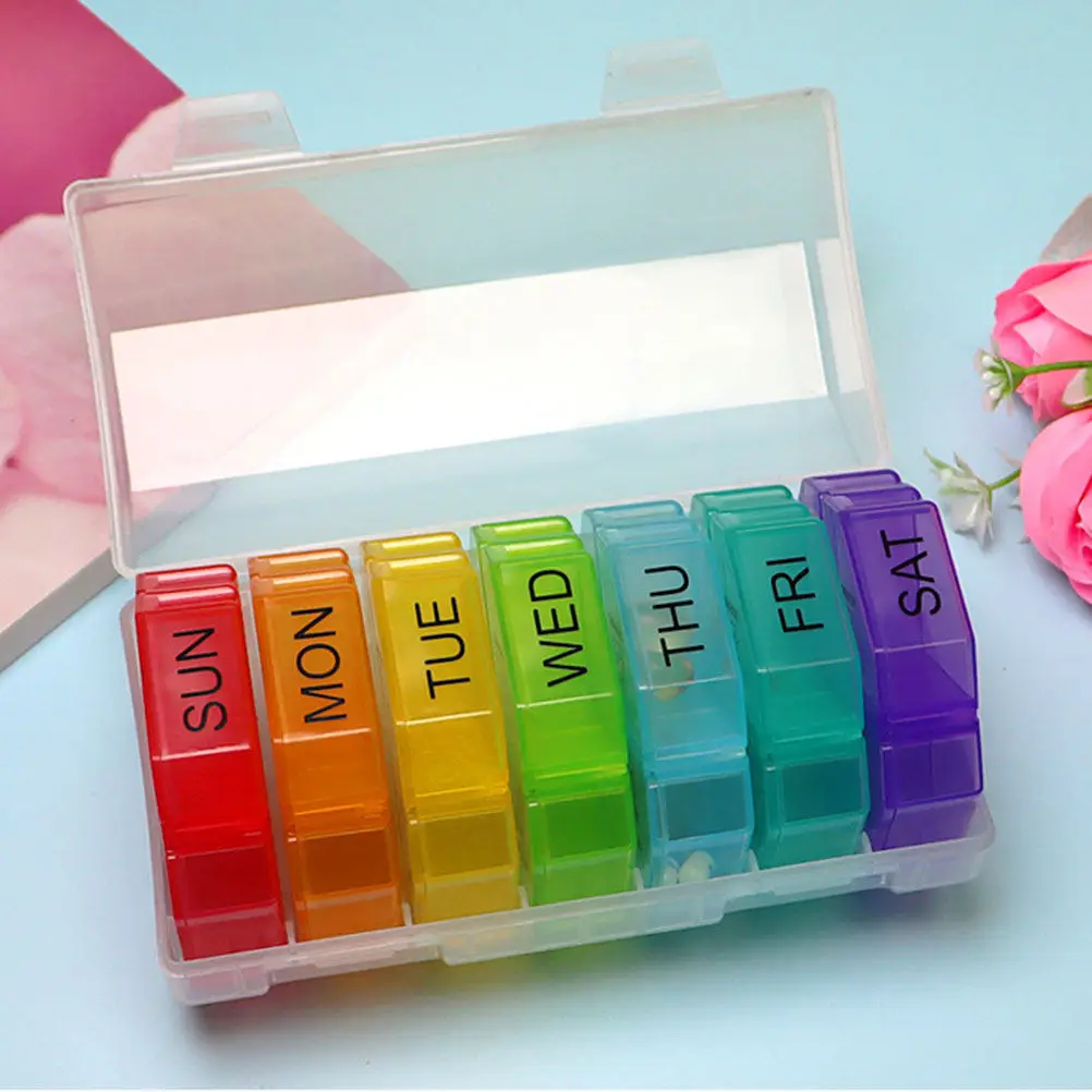 1Set Weekly Medicine Container 28 Compartments Portable Plastic Dispenser Light Compact 7-Day Pill Organizer for Travel Outdoor