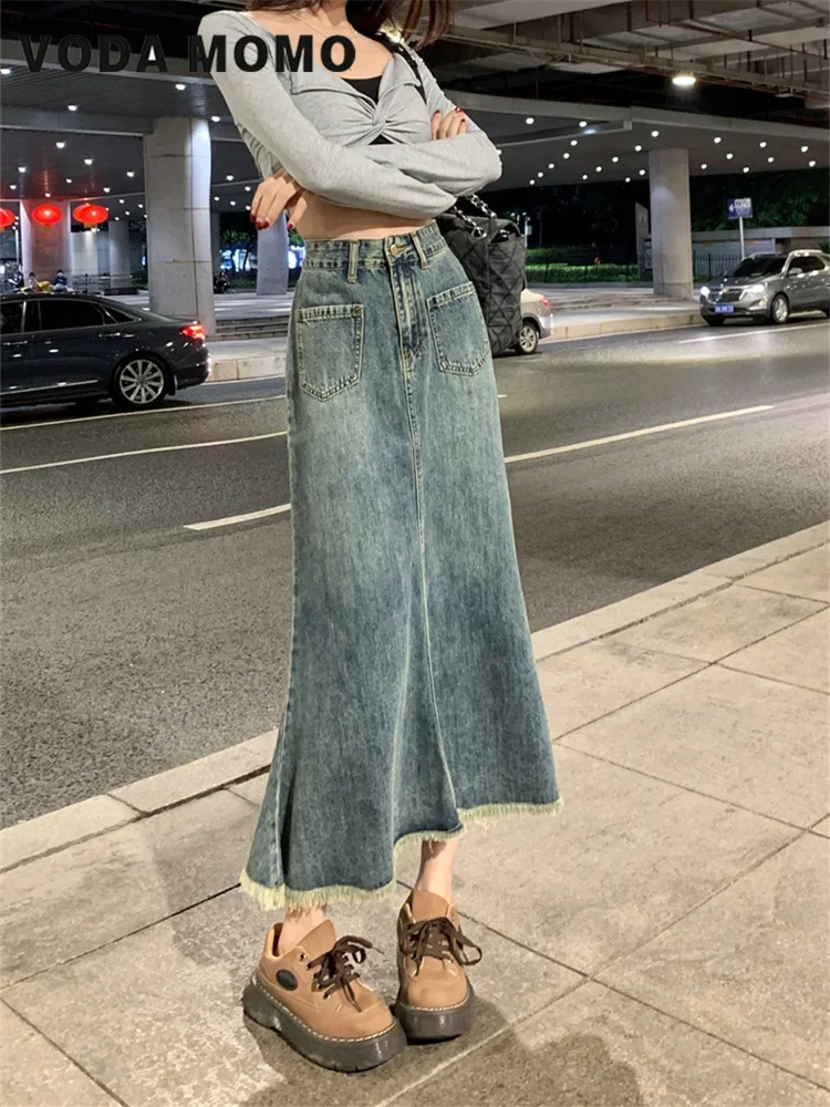 Neue Koreanische stil Version frauen Retro Denim Rock Hohe Taille Frühling Sommer EINE Linie Rock Lange Jeans Weibliche Grundlegende Vielseitig