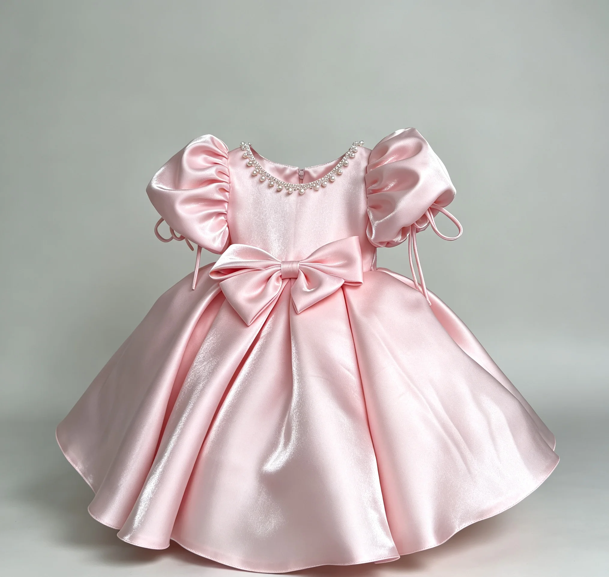 Pink Satin Flower Girl Dress Puff Sleeve Big Bow Pearl Neck Kids Princess Gown Toddler Birthday Party Wedding Formal Pageant