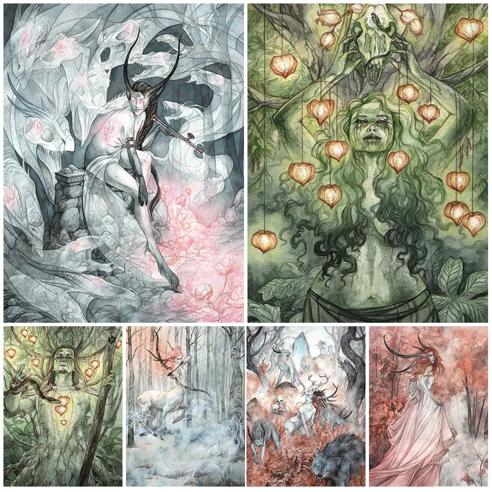 Jungle Elves And Magic Forest Abstract Wall Art Canvas Painting Woodland Patron Saint And Witchcraft Lamp Poster And Prints