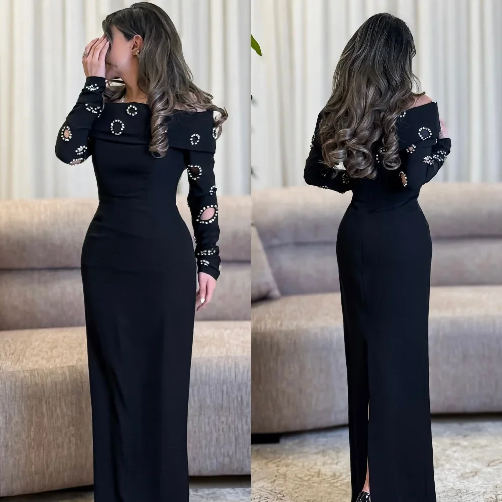 

JDY Custom Black Off Shoulder Rhinestone Cutout Luxury Evening Dress Modern Style Wedding Party Gown for Women فساتين سه