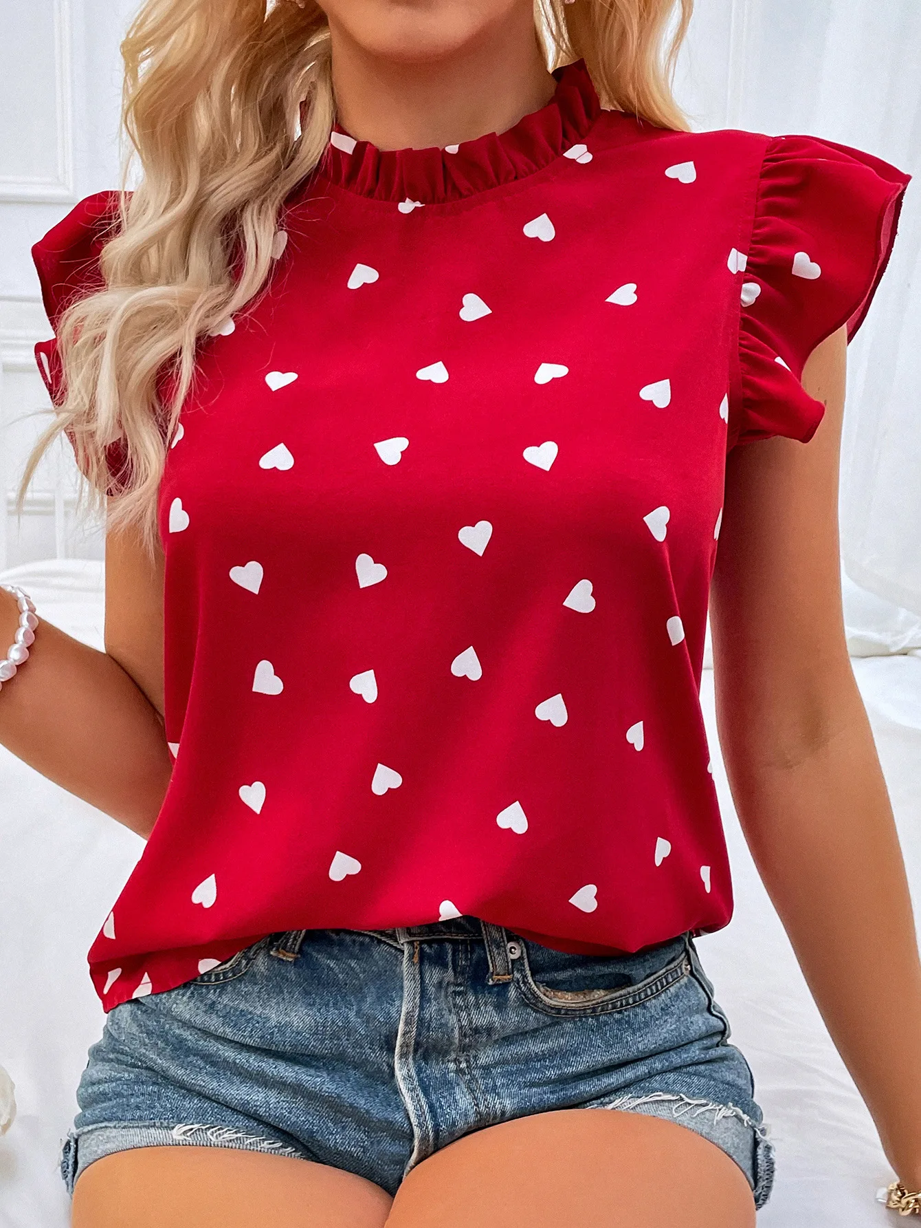 Fashion Short Sleeve Casual Shirt Women 2024 Summer Ruffled Love Print Tops And Blouses Elegant Office Top Femme Shirt Blouse