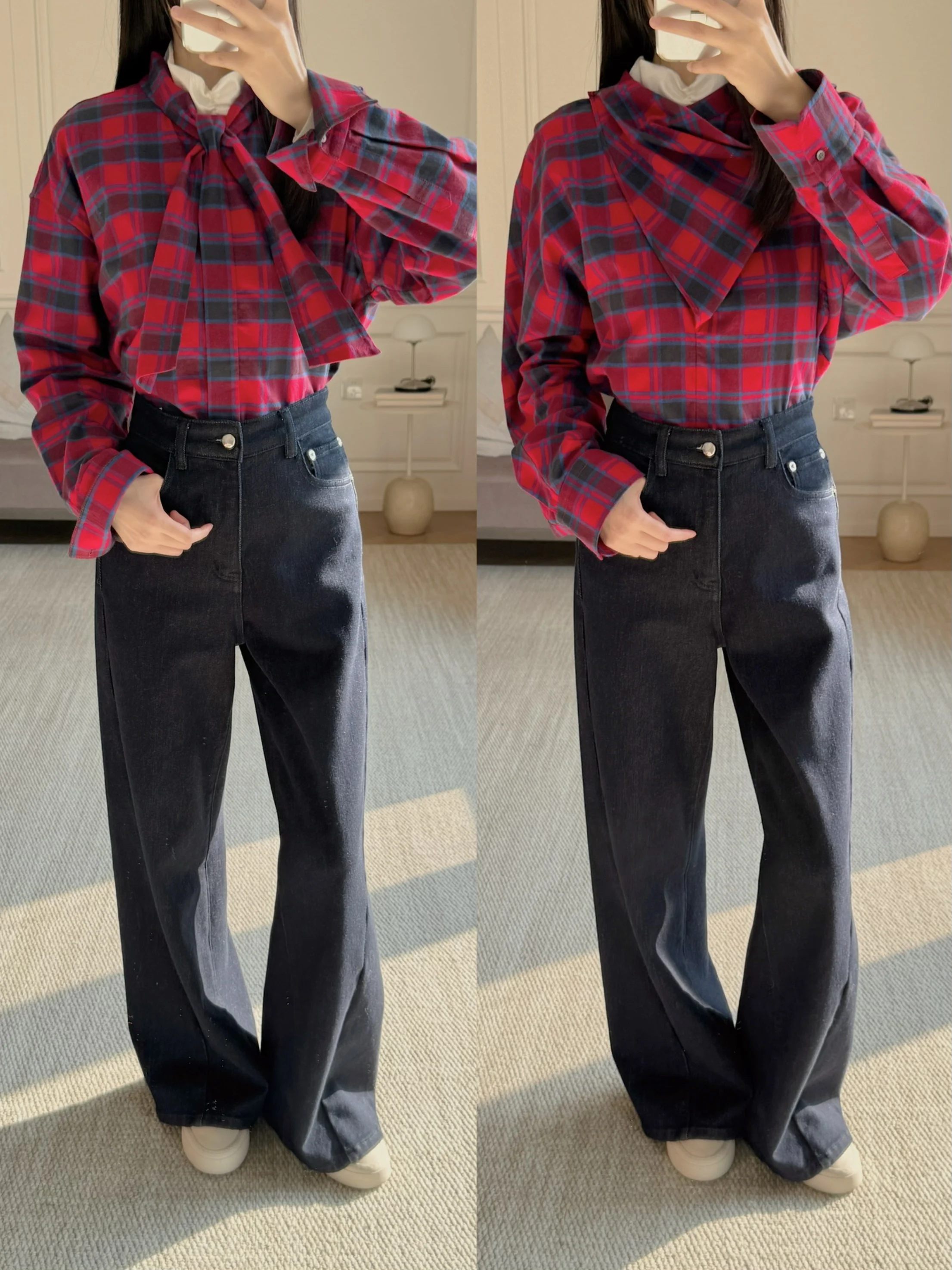 

Красно-синяя клетчатая рубашка с галстуком-бабочкой, повседневная, свободного кроя, из хлопка, с длинным рукавом, женская, дышащая, модная, весна 2025