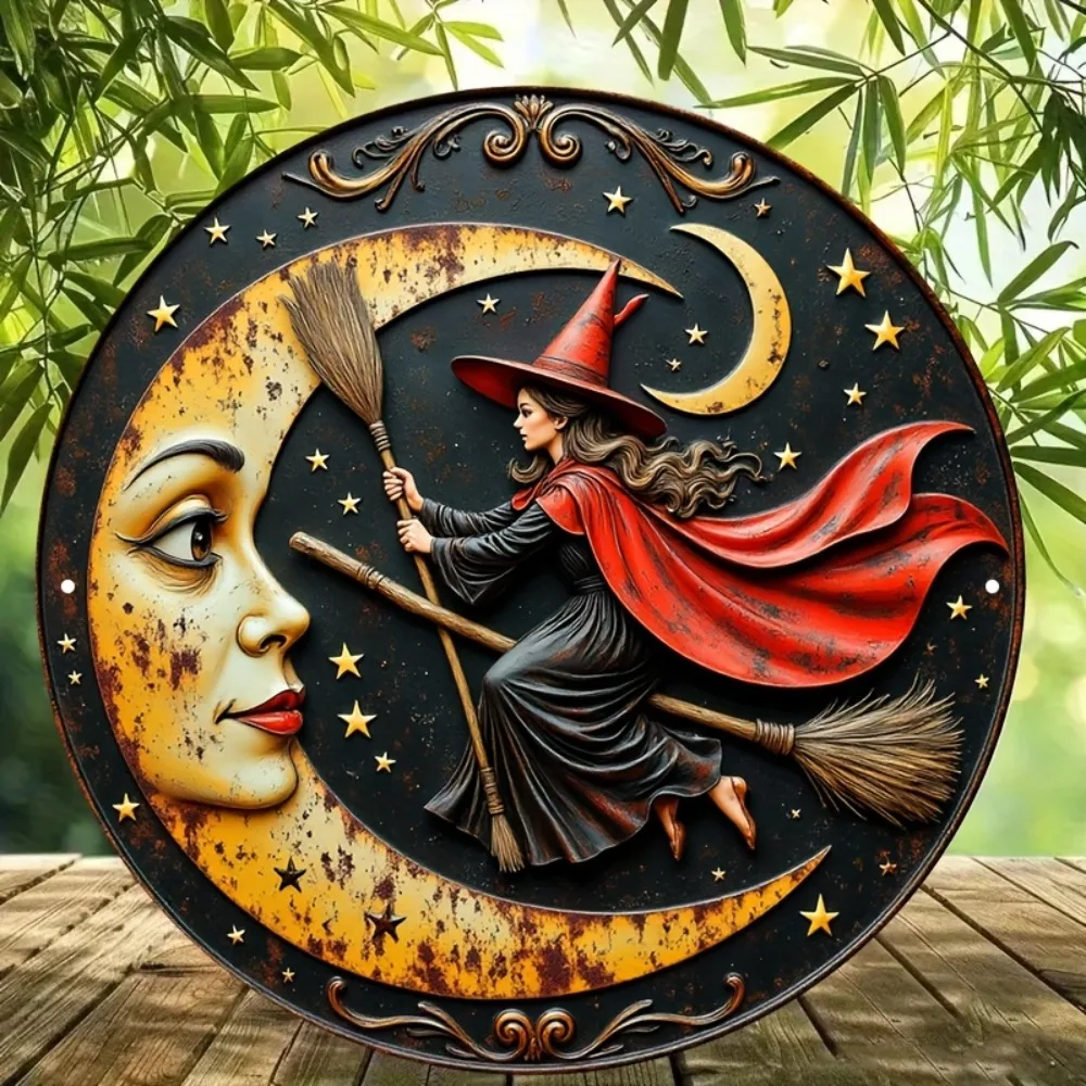 

Round Aluminum Sign, Decorative Plaque about Retro Witch Flying on The Moon, Witch Riding A Broom Metal Wall Decoration Sign, 2D
