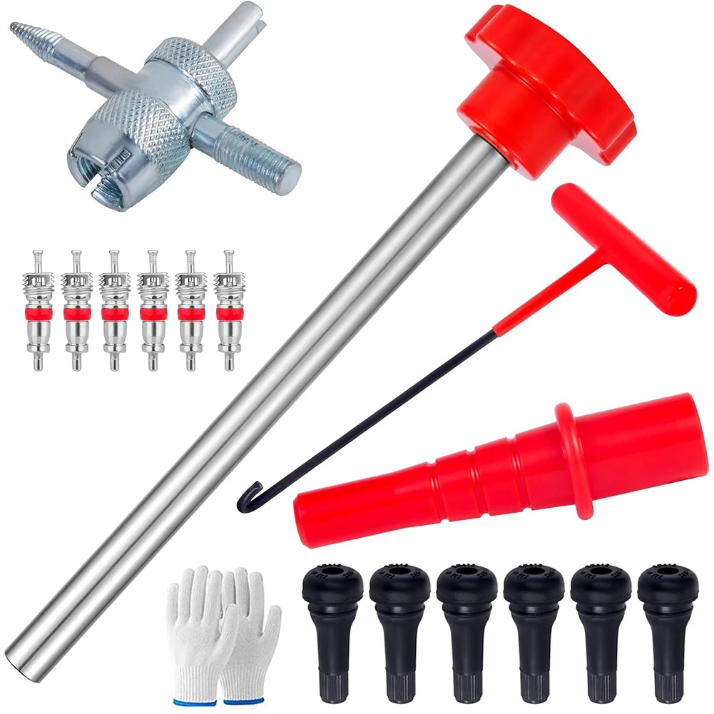 Quick Change Tire Valve Tool Kit with 6 TR413 Valve Quick Change Tire Valve Core Tool Kit for Replacing Leaky Valves in Cars