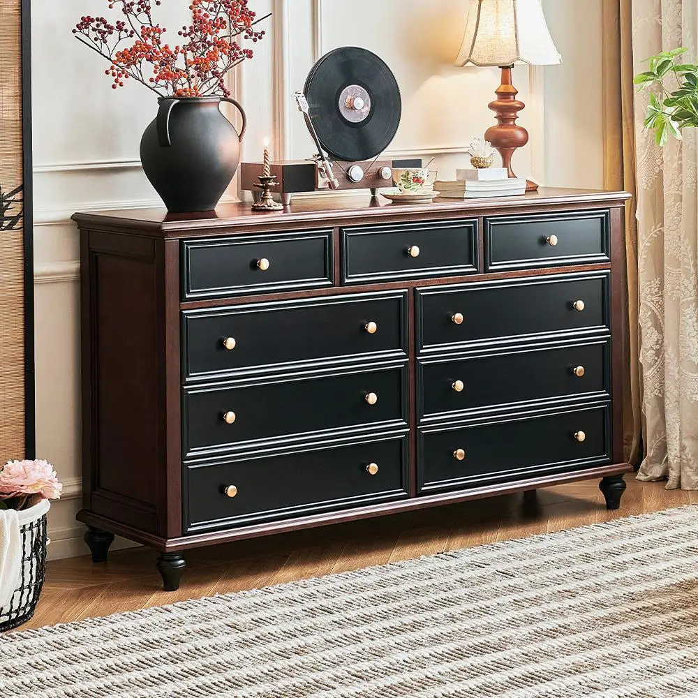 

French medieval black all-solid wood nine-chest cabinet, living room against the wall bucket cabinet