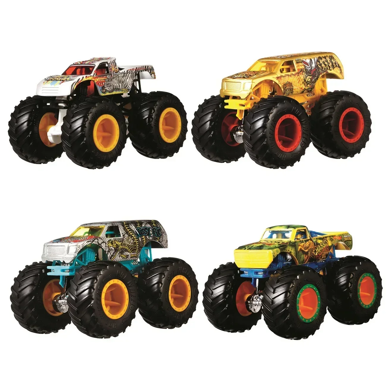 Original Hot Wheels Monster Trucks 4 Car Pack Giant Foot Metal Vehicle Model Wild Boys Toys Kids Muscle Beast Bash Racing Gift