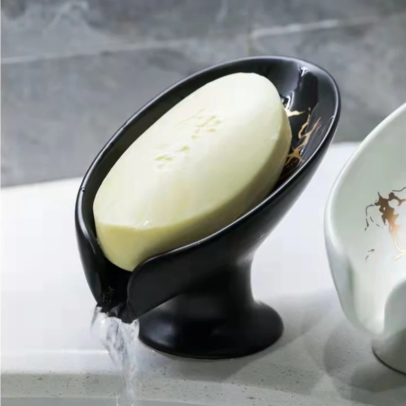 1Pc Soap Box Ceramic Leaf Shape Drain Soap Dish Shower Soap Holder Plate Sponge Storage Container For Kitchen Bathroom Supplies