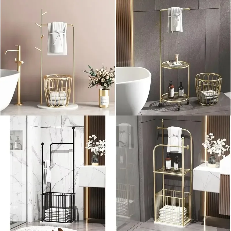 Luxury Modern Waterproof Bathroom Rack Floor to Ceiling Vanity Wrought Iron Towel Rack Gold Plated No Drilling Installation