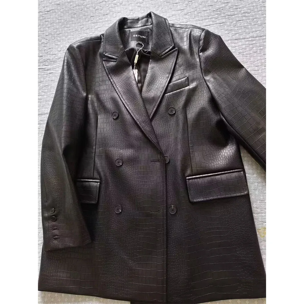 2026 ربيع جديد منتصف طويلة بليزرات سوداء بولي معطف معطف معطف جلد المرأة الكورية فضفاضة لينة فو الجلود أبلى الإناث الدعاوى الجلدية سترة