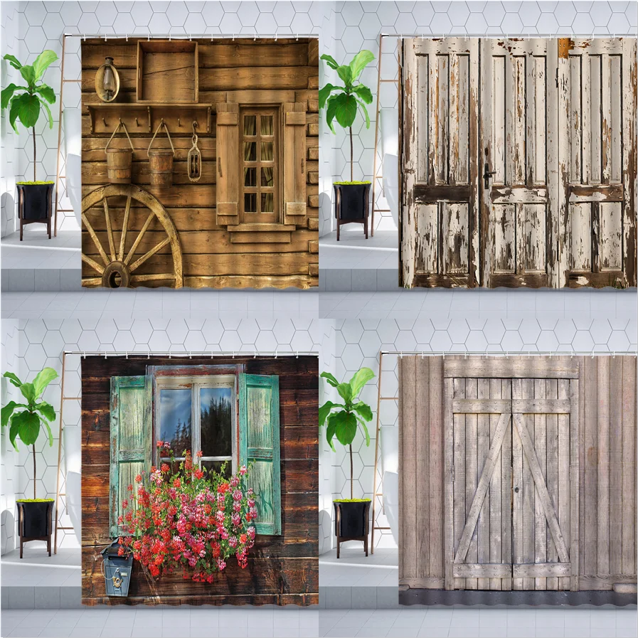 Vintage Old Wooden Door Shower Curtain Retro Flower Window Farm Barn Shutters Waterproof Polyester Bathroom