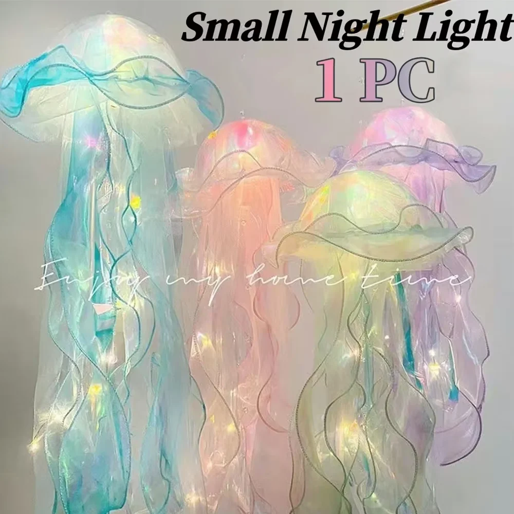 

LED Jellyfish Colored Night Light Battery Powered 3 Modes Handmade Woven Ribbon Beads Bedroom Decor Portable Night Light