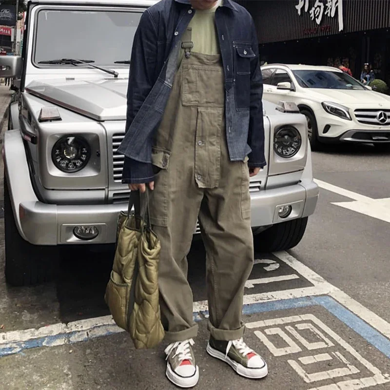 Safari Style! Multi-Pocket Overalls Men Streetwear Work Cargo Pants Jumpsuit Men\'s Dungarees Baggy Bib Trousers