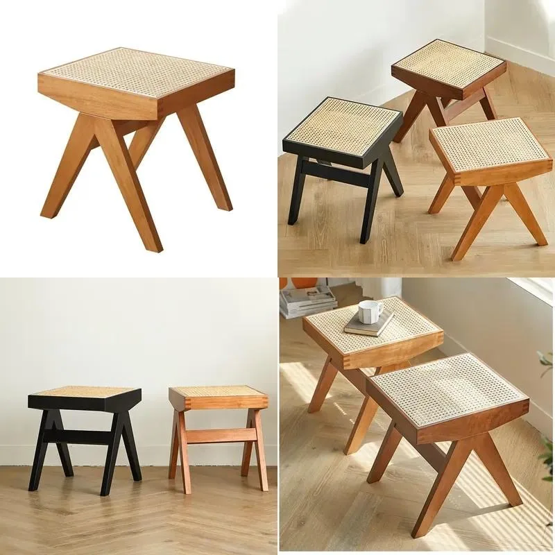 Nordic Square Small Natural Rattan Durable Solid Wood Shoe Changing Bench Home Living Room Stool