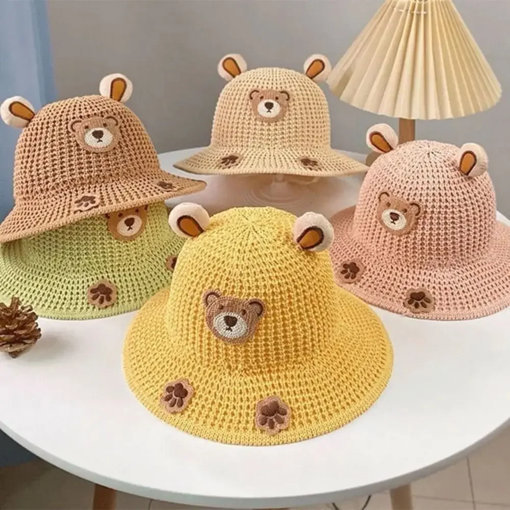 Cartoon Bear Children Sun Hats Retro Pastoral Style Sunshade Kids Beach Caps With Lacing Sunscreen Fisherman's Hat Summer