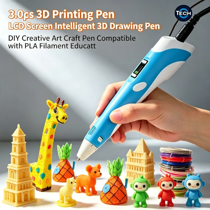 3Pcs LCD Screen 3D Printing Pen DIY 3D Painting Pen PLA Filament Compatible Educational Creative Toy Gift for Children