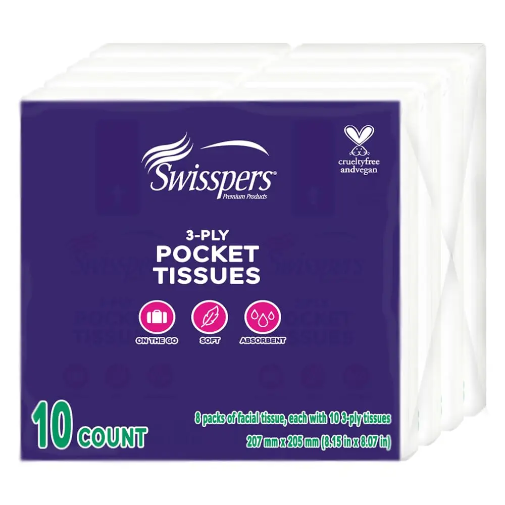 Pocket Tissues, 3-Ply White Facial Tissues for Purse, Pocket, Car, Strong & Absorbent, 10 Tissues/Pack, 8 Packs (80 Tissues Tota